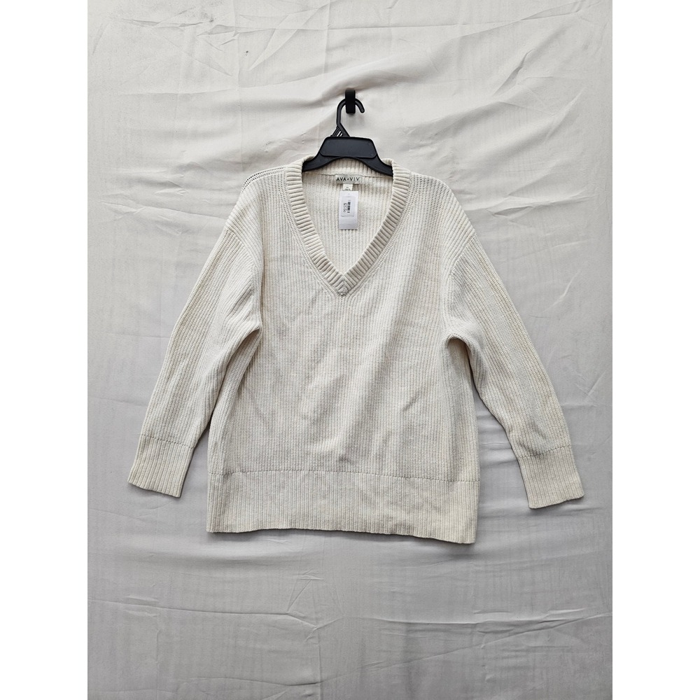 Ava & Viv Womens V-Neck Pullover Sweater Cream Cotton Blend Casual Size XXL
